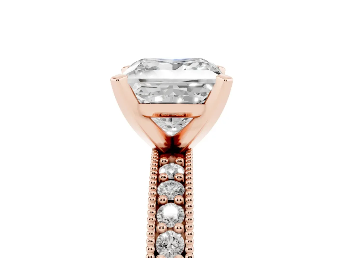 Princess Cut Diamond Milgrain Pavé Engagement Ring with Four-Prong Setting Rose gold