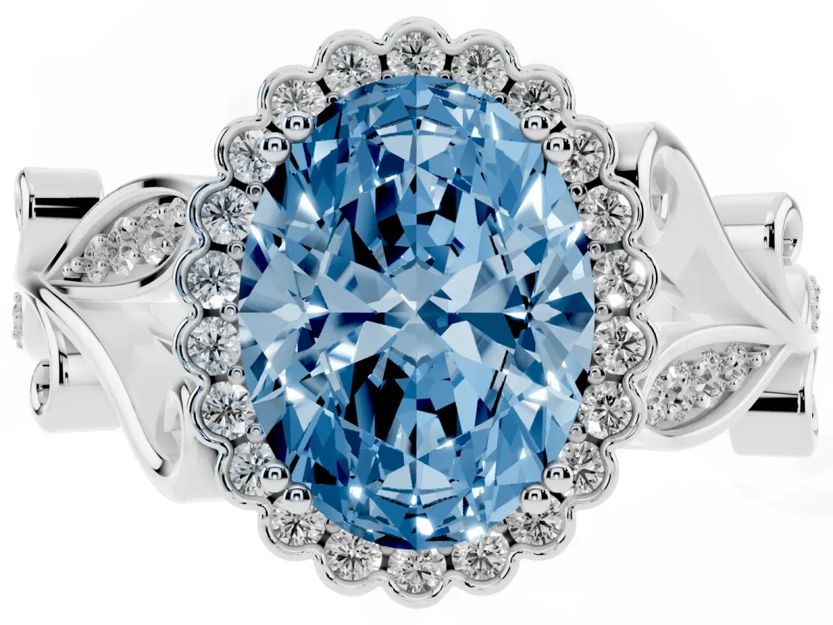 Fancy Blue Oval Cut Diamond Halo Ring with Vintage Split Shank and Four-Prong Setting Silver