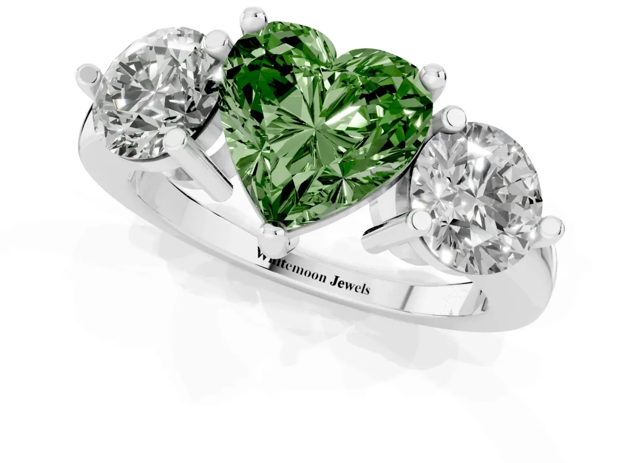 Fancy Green Three-Stone Heart Cut Brilliant Cut Solitaire Ring with Prong Setting on a Classic Band White gold