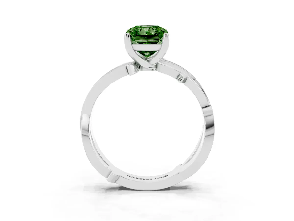 Fancy Green Radiant Cut Solitaire Twist Band with Pavé Accents and Four-Prong Setting White gold