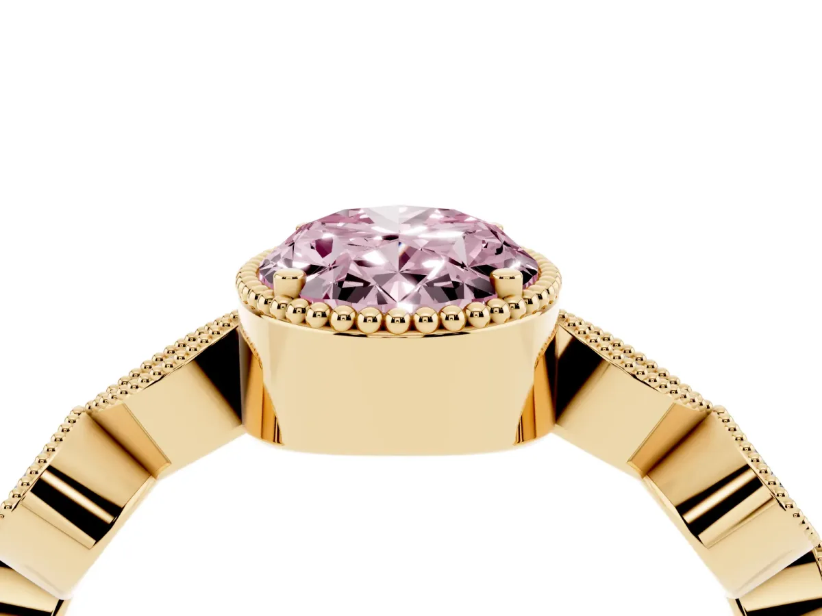 Fancy Pink Oval Cut Diamond Vintage Milgrain Ring with Round Stations Yellow gold