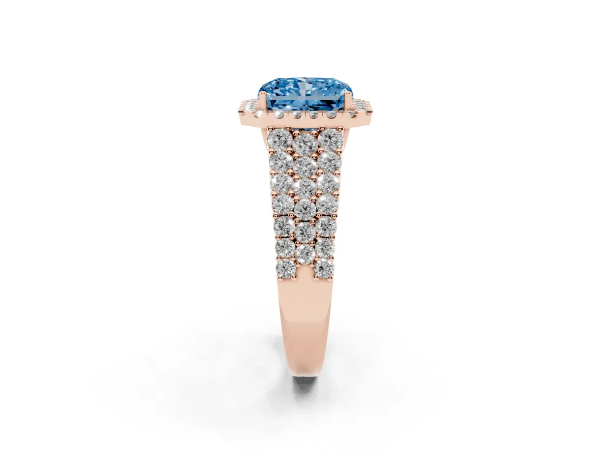 Fancy Blue Radiant Cut Diamond Halo Engagement Ring with Triple Row Round Pavé Band and Prong Setting Rose gold