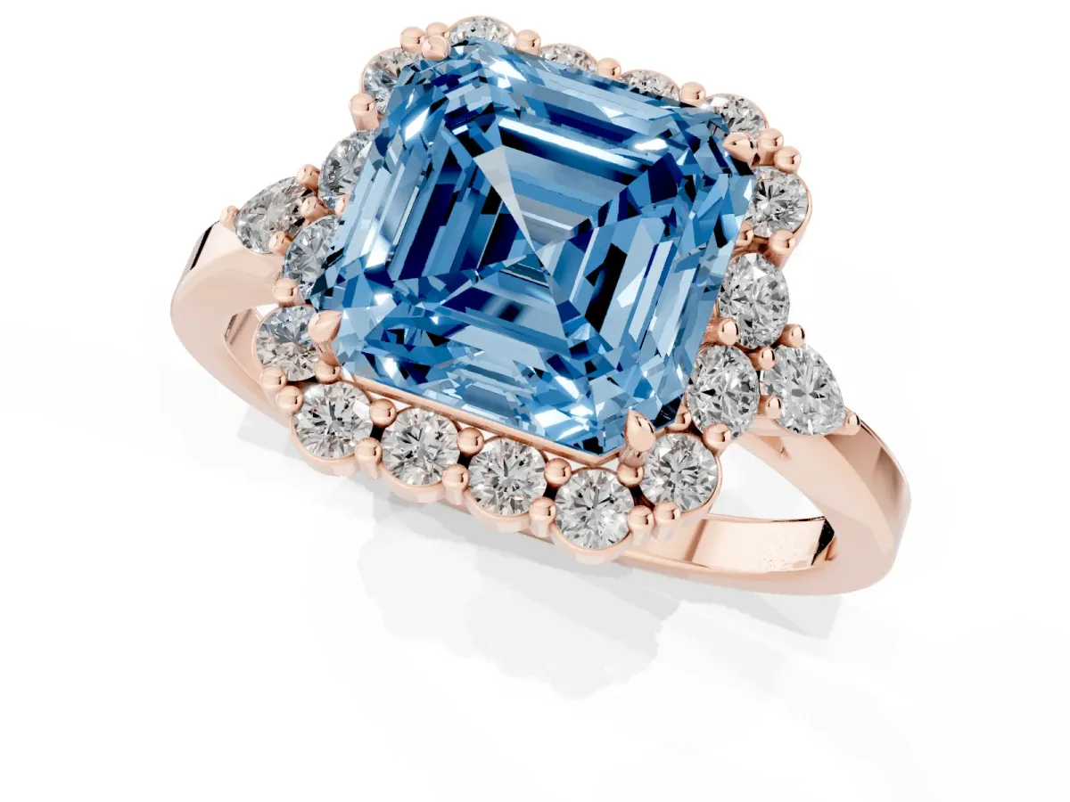 Fancy Blue Asscher Cut Diamond Halo Ring with Pear Side Stones and Prong Setting Rose gold