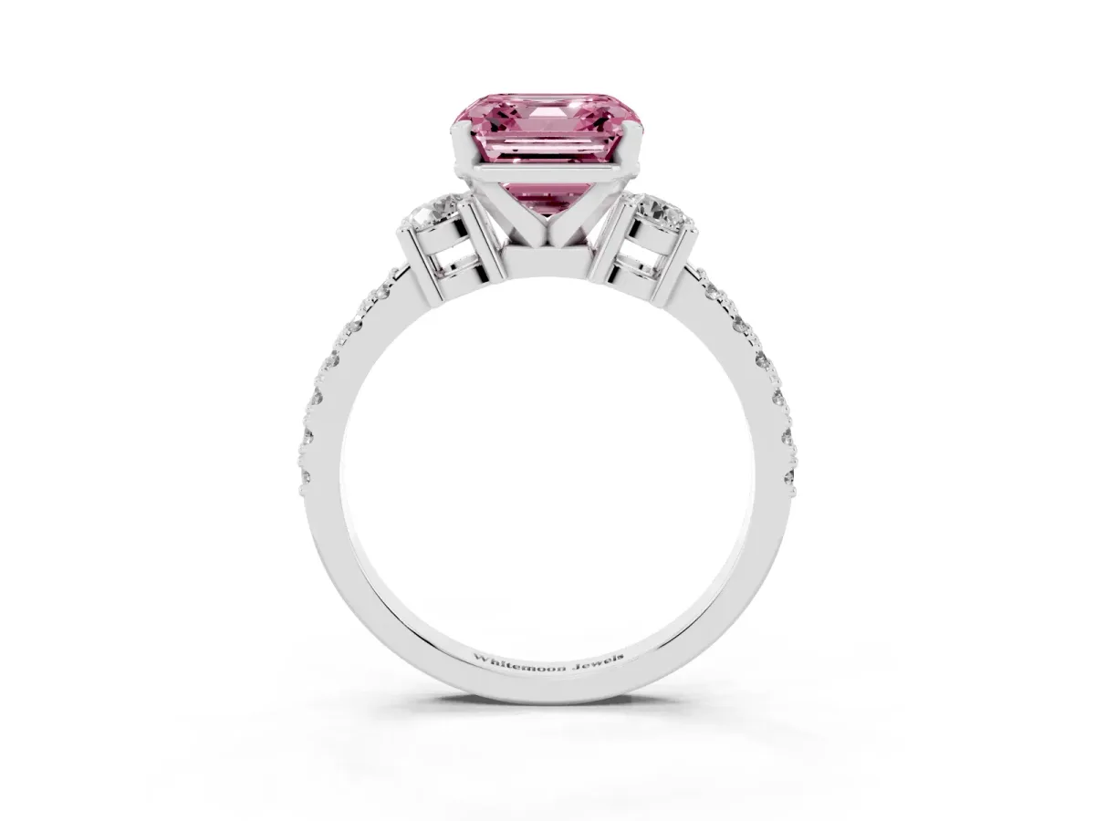 Fancy Pink Asscher Cut Three-Stone Diamond Pavé Band with Prong Setting Silver
