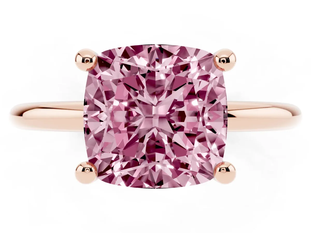 Fancy Pink Cushion Cut Solitaire Diamond Ring with 4-Prong Setting on a Classic Band Rose gold