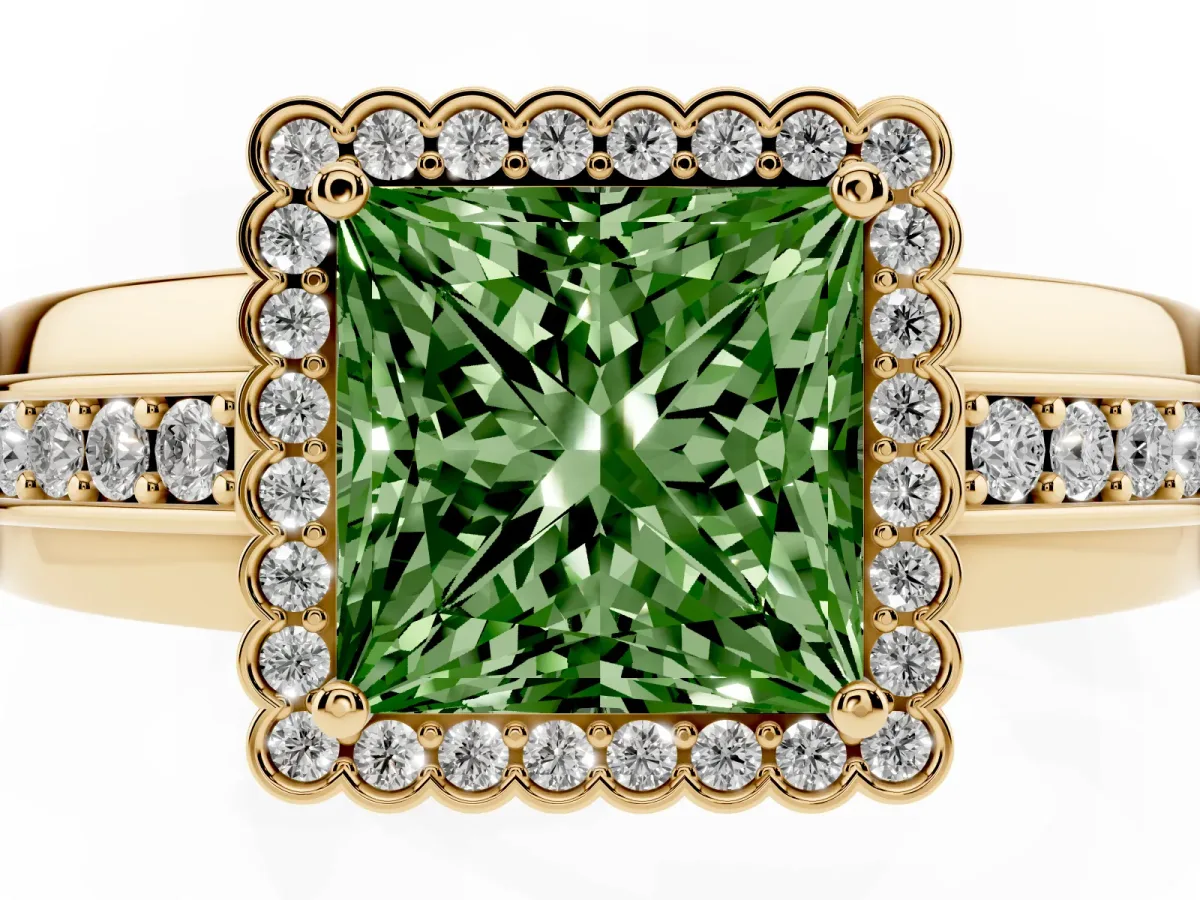 Fancy Green Princess Cut Cut Halo Pave Band Four-Prong Ring Yellow gold