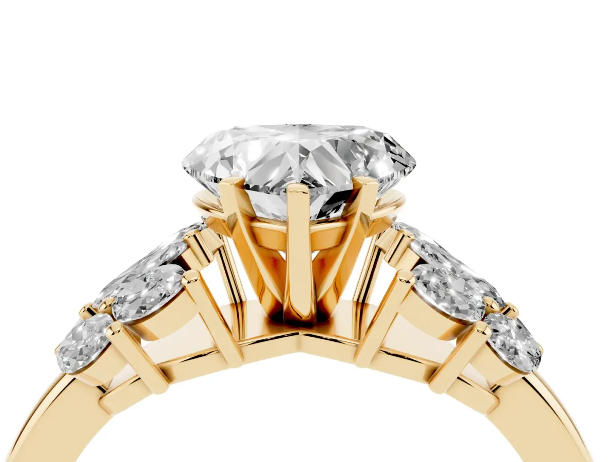 Heart Cut Diamond Cluster Leaf Design Ring with Prong Setting Yellow gold