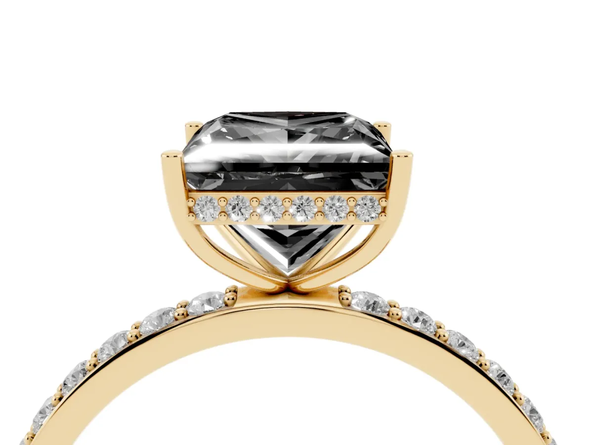 Fancy Black Princess Cut Diamond Solitaire Ring with Pavé Band and Hidden Halo Yellow gold