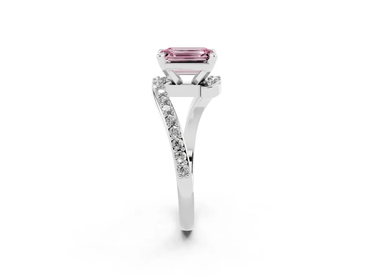 Fancy Pink Emerald Cut Solitaire Twist Band with Pave Set Diamonds and Four-Prong Setting Silver