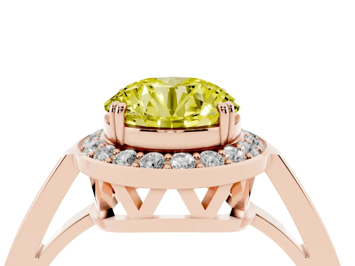 Fancy Yellow Round Cut Diamond Halo Ring with Split Shank and Four-Prong Setting Rose gold