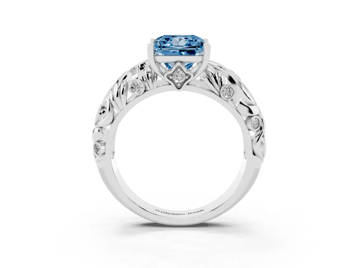 Fancy Blue Princess Cut Solitaire Diamond Leaf-Inspired Vine Band Ring with Prong Setting Silver