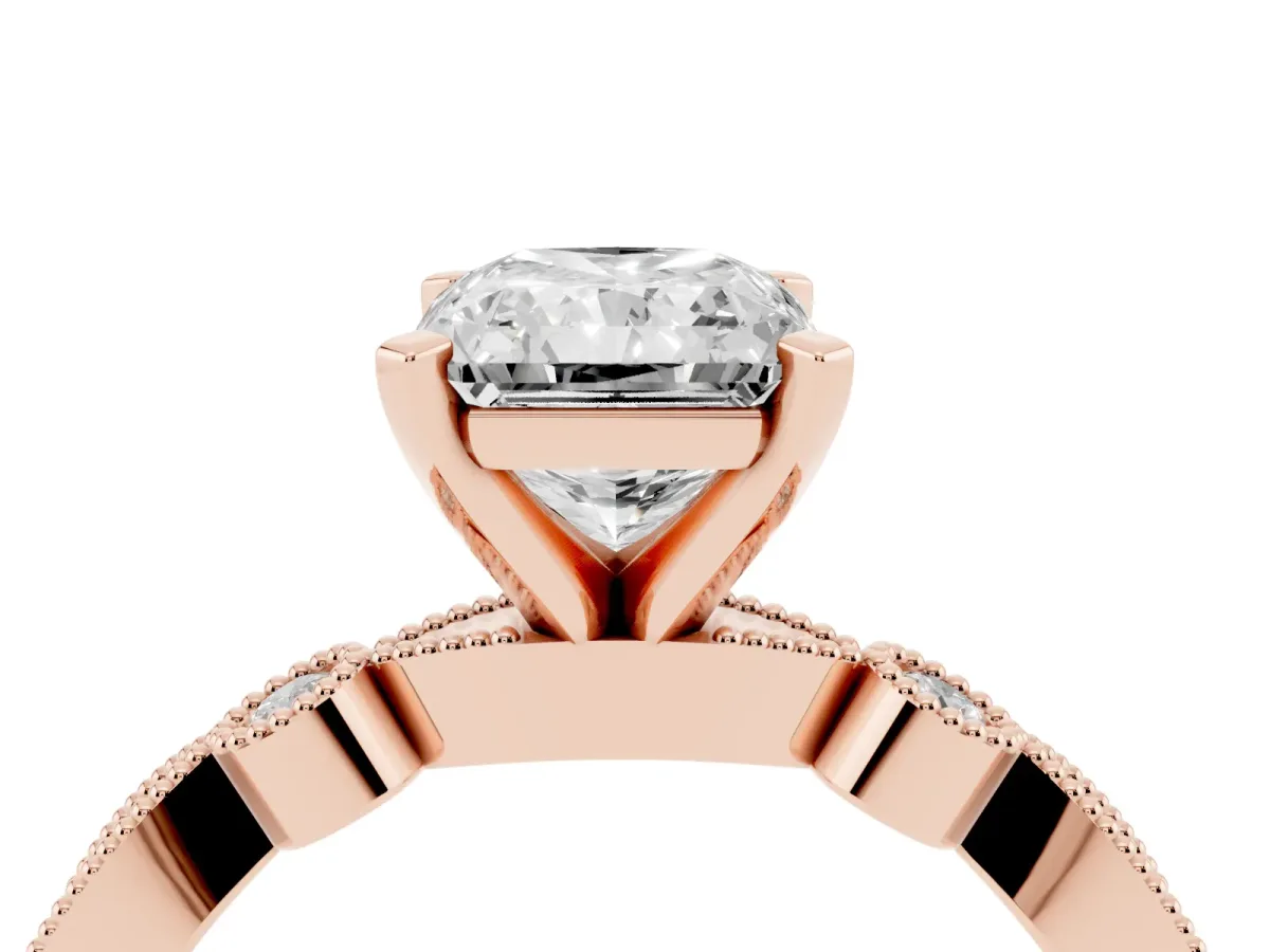 Radiant Cut Milgrain Bezel Diamond Engagement Ring with Solitaire Prong Setting Rose gold