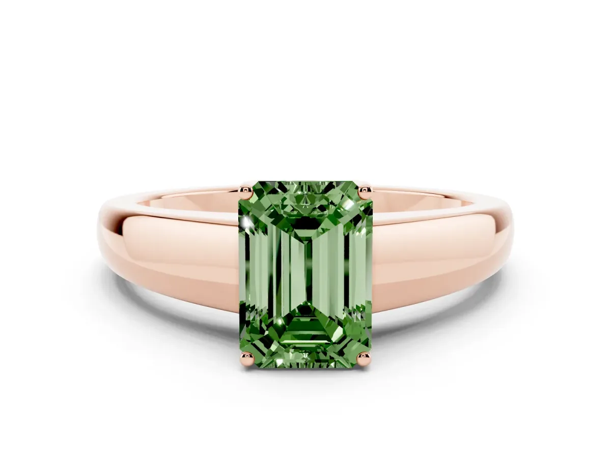 Fancy Green Emerald Cut Solitaire Diamond Ring with Tapered Band and Four-Prong Setting Rose gold