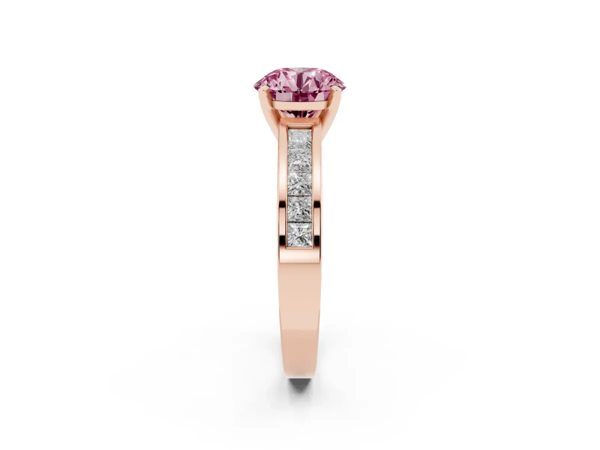 Fancy Pink Round Cut Solitaire Diamond Ring with Channel-Set Band and Four-Prong Setting Rose gold