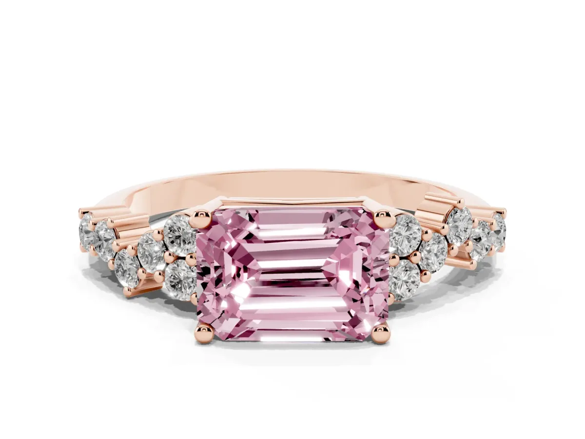 Fancy Pink Emerald Cut Diamond Scattered Round Accent Ring with Prong Setting Rose gold