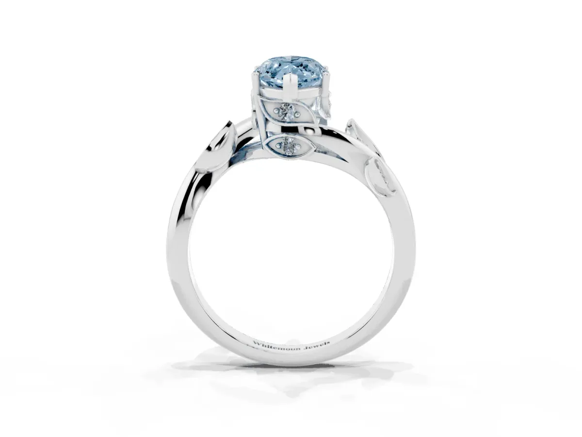 Fancy Blue Marquise Cut Solitaire Twist Engagement Ring with Leaf Accents and Prong Setting Platinum