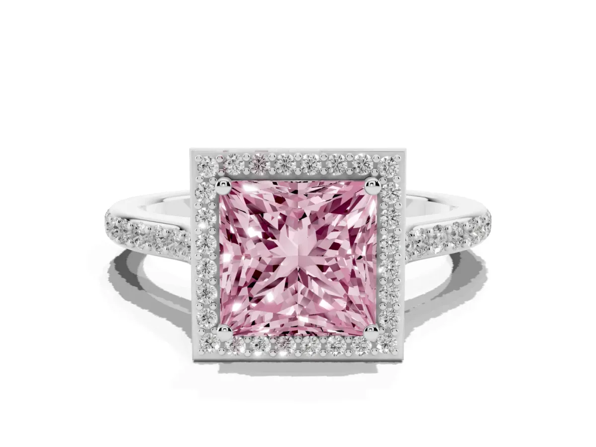 Fancy Pink Princess Cut Diamond Halo Engagement Ring with Round Pavé Shoulders and Prong Setting Silver