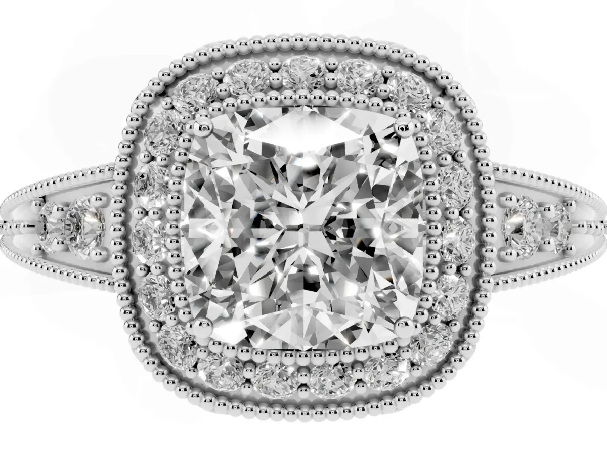 Cushion Cut Halo Diamond Split Shank Ring with Milgrain Detail Silver