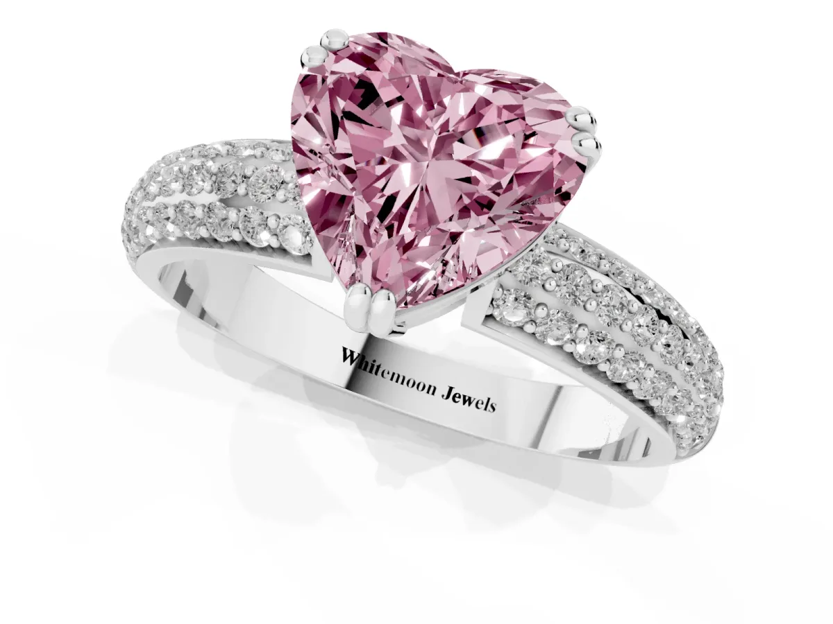 Fancy Pink Heart Cut Diamond Solitaire Ring with Multi-Row Round Pavé Band and Prong Setting Silver