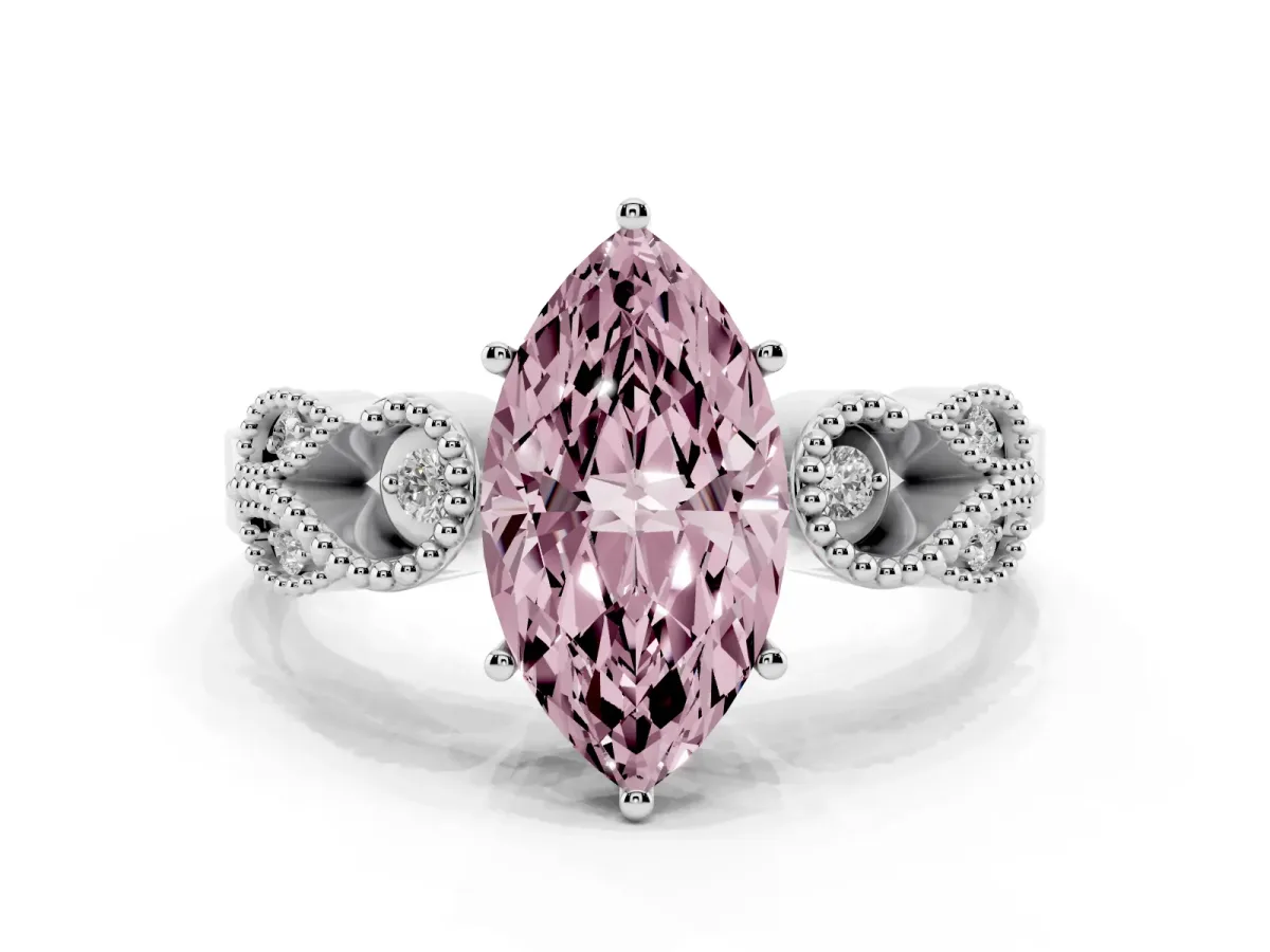 Fancy Pink Marquise Cut Solitaire Milgrain Leaf Band with Prong Setting Silver
