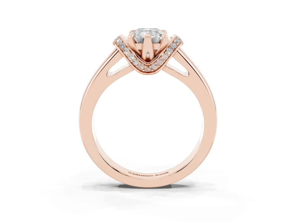 Emerald Cut Solitaire Diamond Ring with Pave Band and Six-Prong Setting Rose gold