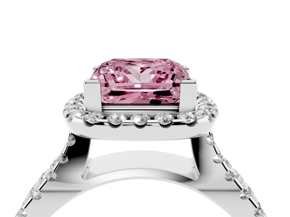 Fancy Pink Princess Cut Diamond Halo Ring with Split Shank Pavé Band and Prong Setting Silver