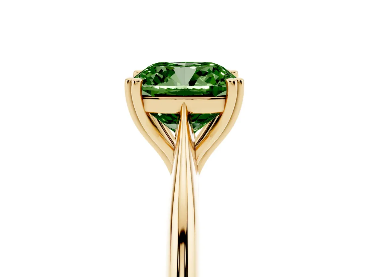 Fancy Green Cushion Cut Solitaire Diamond Ring with Six-Prong Setting and Classic Band Yellow gold