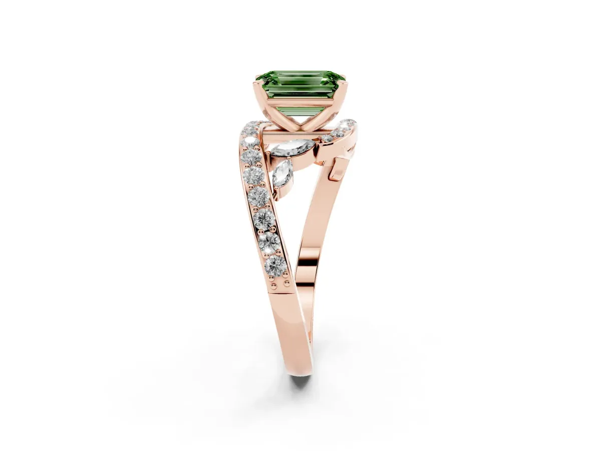 Fancy Green Emerald Cut Solitaire with Pavé Twist Band and Four-Prong Setting Rose gold