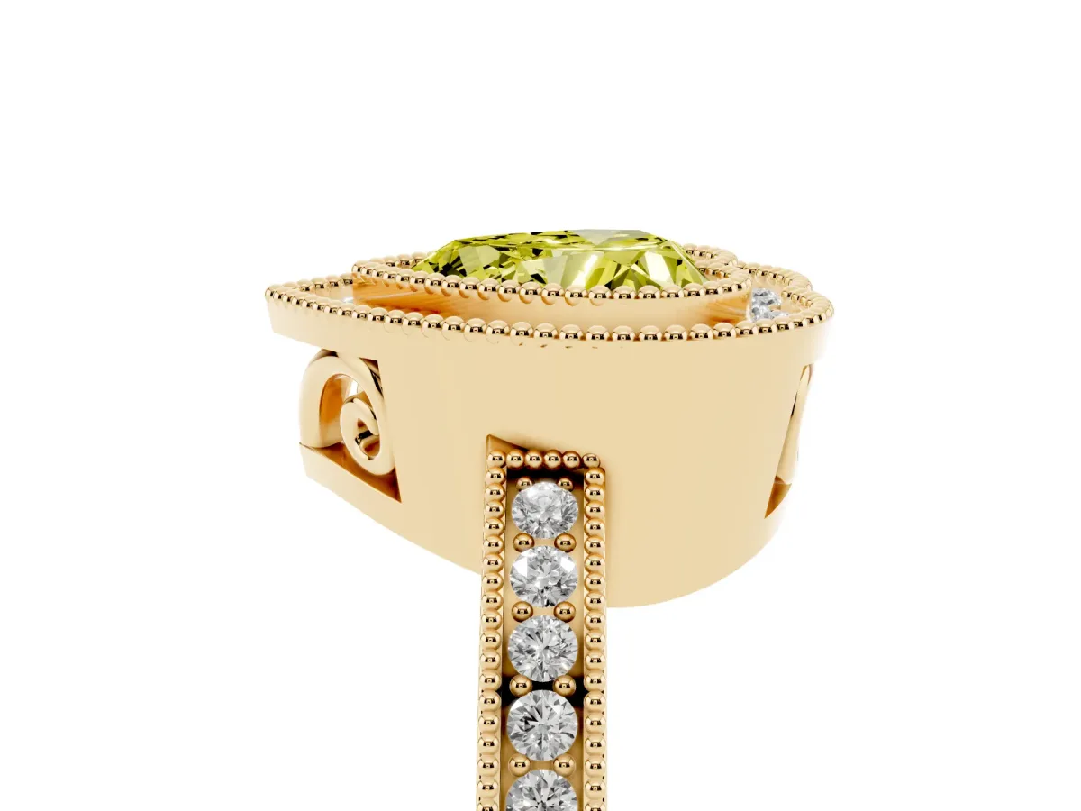 Fancy Yellow Heart Cut Cut Halo Diamond Ring with Pavé Band and Milgrain Prong Setting Yellow gold