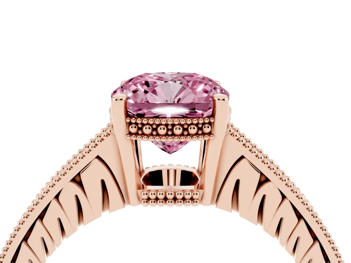 Fancy Pink Cushion Cut Solitaire Pavé Diamond Milgrain Engagement Ring with Four-Prong Setting Rose gold