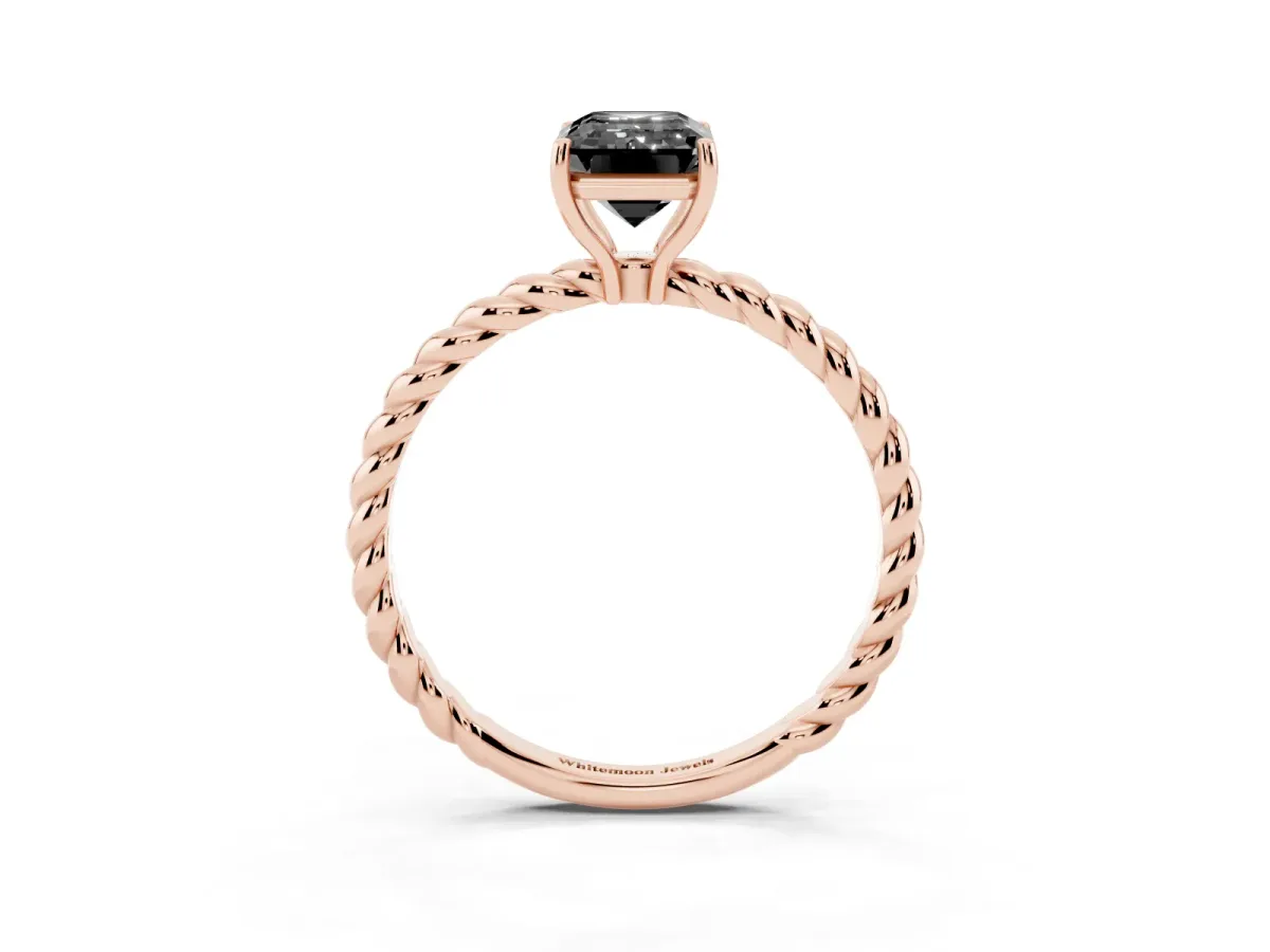 Fancy Black Emerald Cut Solitaire Twisted Band 4-Prong Ring Rose gold