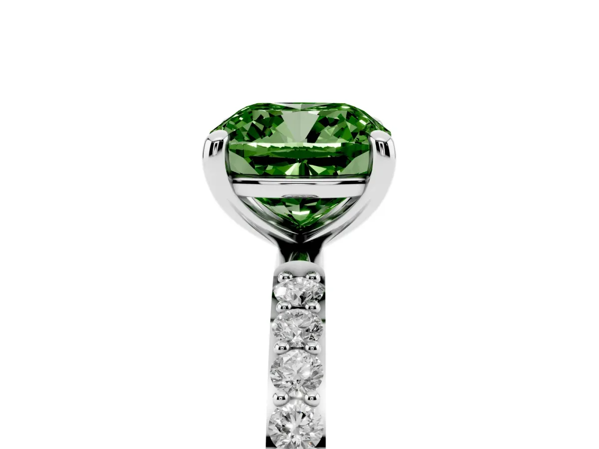 Fancy Green Cushion Cut Diamond Solitaire Ring with Round Pavé Band and Prong Setting Platinum