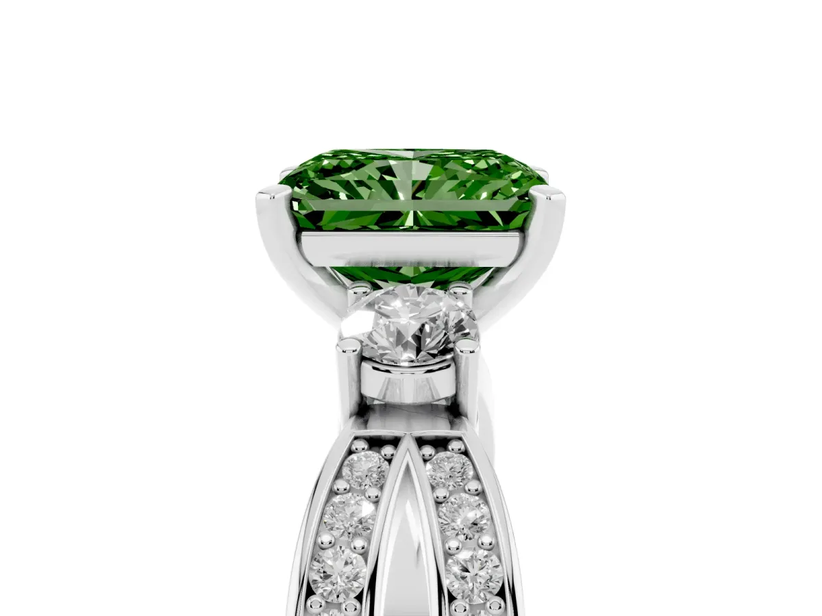 Fancy Green Three-Stone Radiant Cut Cut Diamond Twist Band with Prong Setting Silver