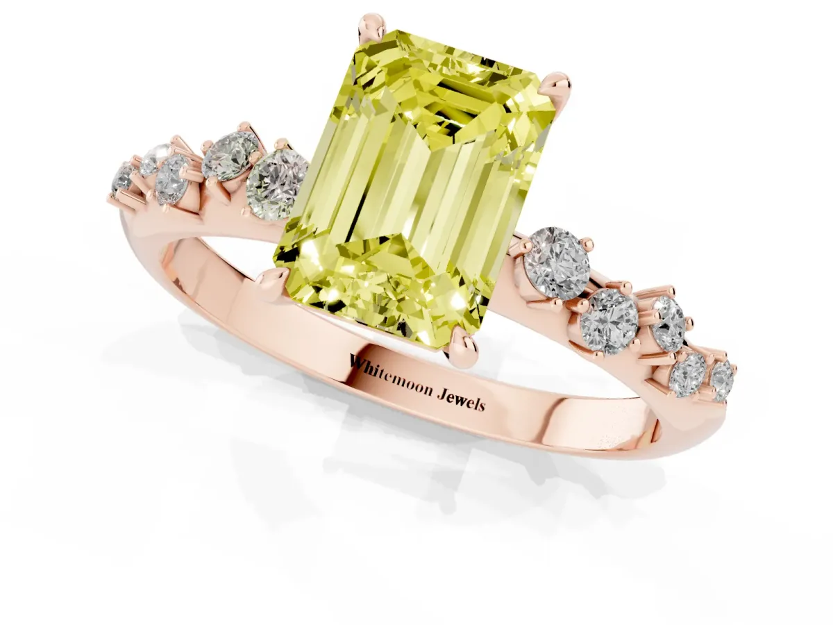 Fancy Yellow Emerald Cut Diamond Cluster Side Stone Solitaire Ring with Prong Setting Rose gold