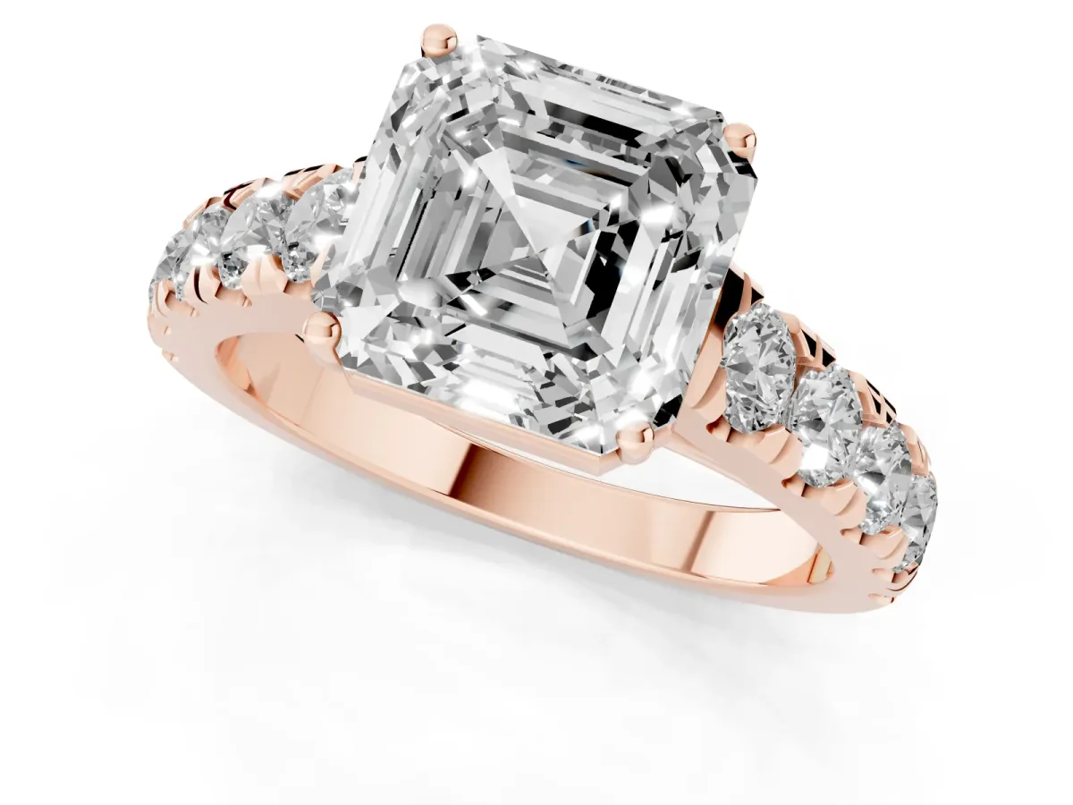 Asscher Cut Cut Diamond Solitaire Ring with Micro Pave Band and Prong Setting Rose gold