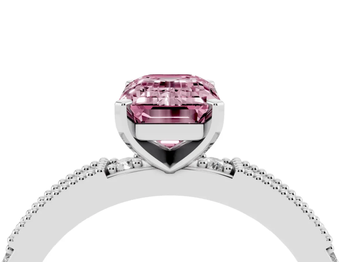 Fancy Pink Emerald Cut Solitaire with Pavé Band and Four-Prong Setting Silver