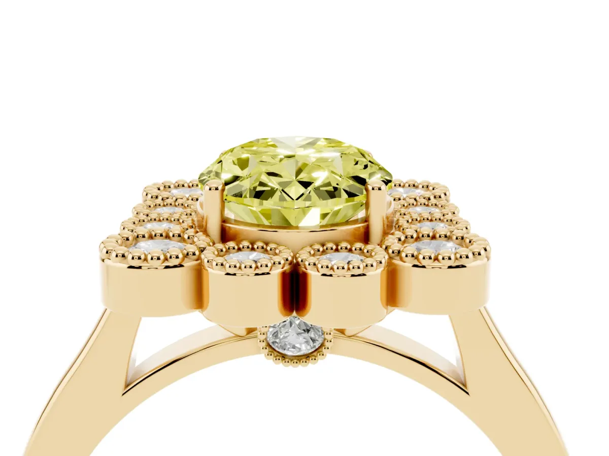 Fancy Yellow Oval Cut Halo Diamond Cluster Engagement Ring with Milgrain Bezel Setting and Solitaire Band Yellow gold
