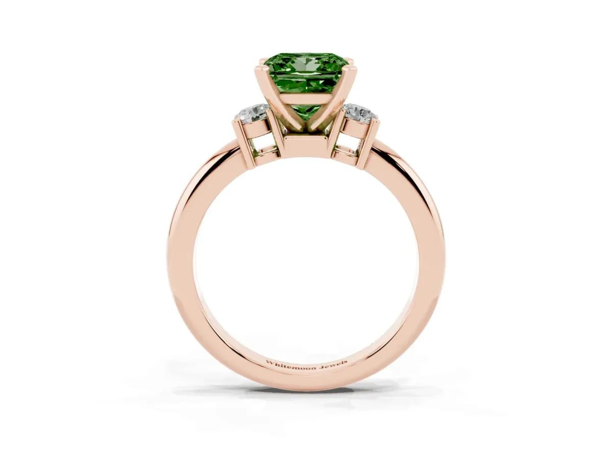 Fancy Green Three-Stone Princess Cut Cut Diamond Solitaire with Prong Setting and Classic Band Rose gold