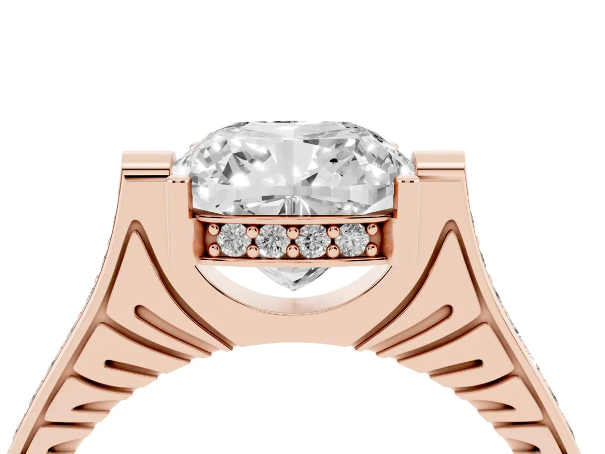 Cushion Cut Solitaire Diamond Ring with Channel Set Band and Bezel Prong Setting Rose gold