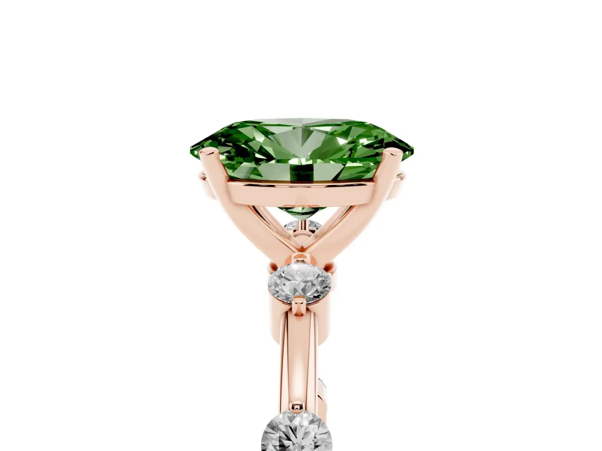 Fancy Green Oval Cut Solitaire Diamond Ring with Bezel Set Side Stones and Prong Setting Rose gold