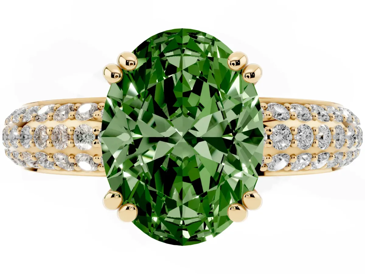 Fancy Green Oval Cut Diamond Solitaire Ring with Multi-Row Round Pavé Band and Prong Setting Yellow gold