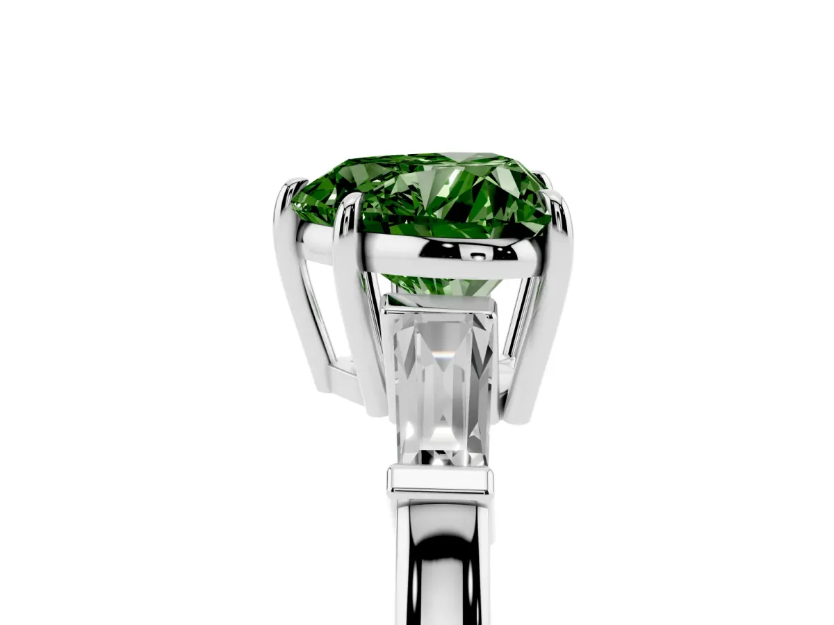Fancy Green Heart Cut Diamond Three-Stone Ring with Tapered Baguette Side Stones and Prong Setting Platinum