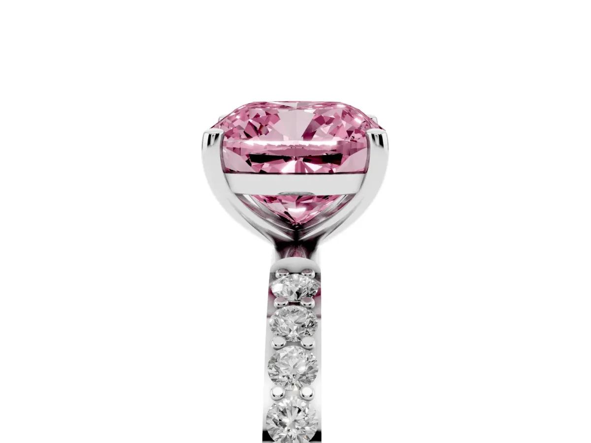 Fancy Pink Cushion Cut Diamond Solitaire Ring with Round Pavé Shoulders and Prong Setting Silver