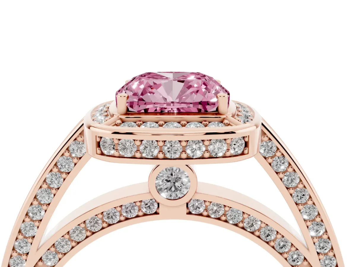 Fancy Pink Cushion Cut Cut Halo Pave Split Shank Prong Setting Ring Rose gold