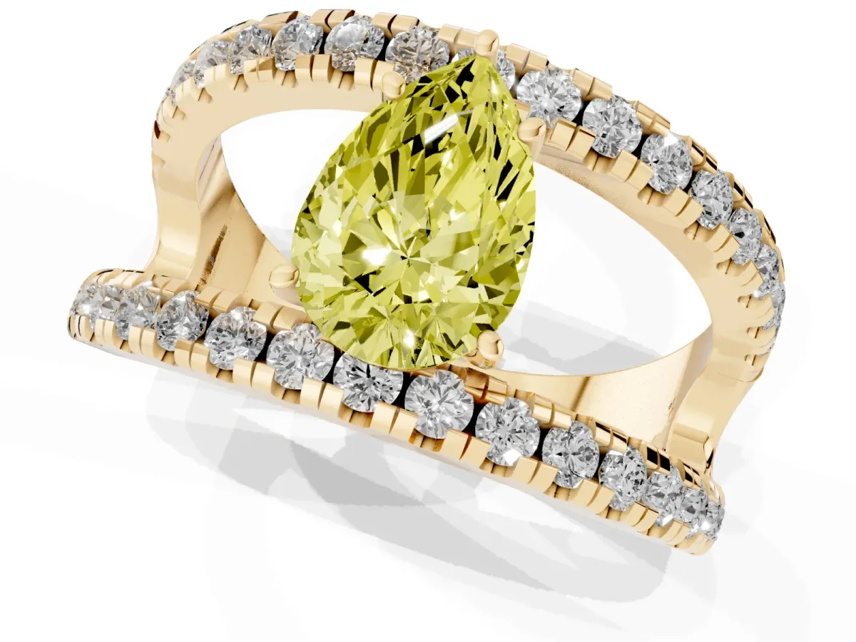 Fancy Yellow Pear Cut Solitaire Split Shank Pave Diamond Ring Yellow gold