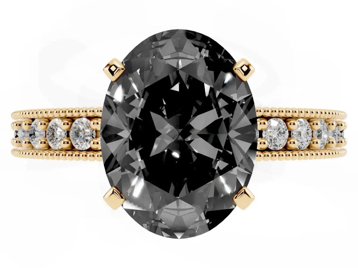 Fancy Black Oval Cut Diamond Milgrain Pavé Engagement Ring with Four-Prong Setting Yellow gold
