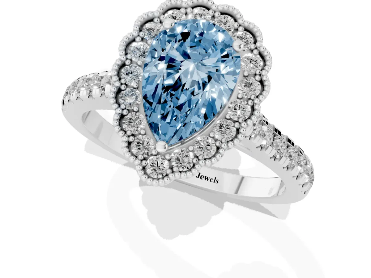Fancy Blue Pear Cut Cut Diamond Milgrain Floral Halo Engagement Ring with Pavé Band White gold