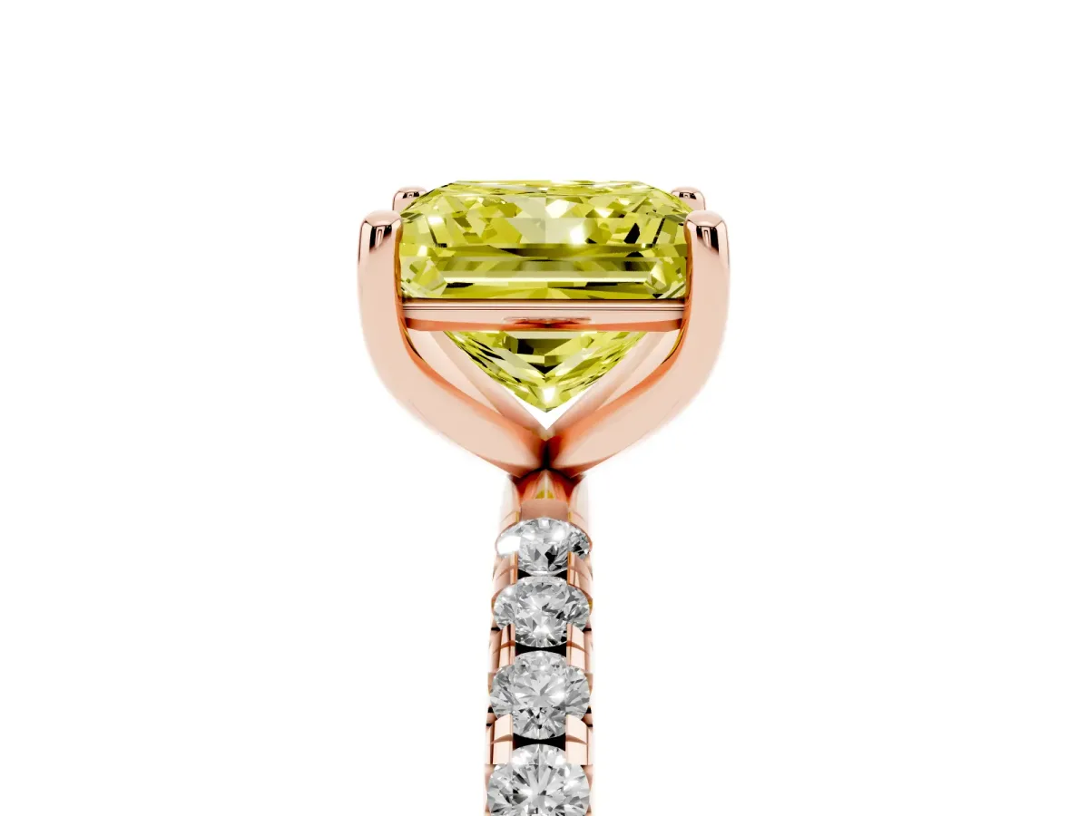 Fancy Yellow Princess Cut Cut Diamond Solitaire Ring with Micro Pave Band and Four Prong Setting Rose gold