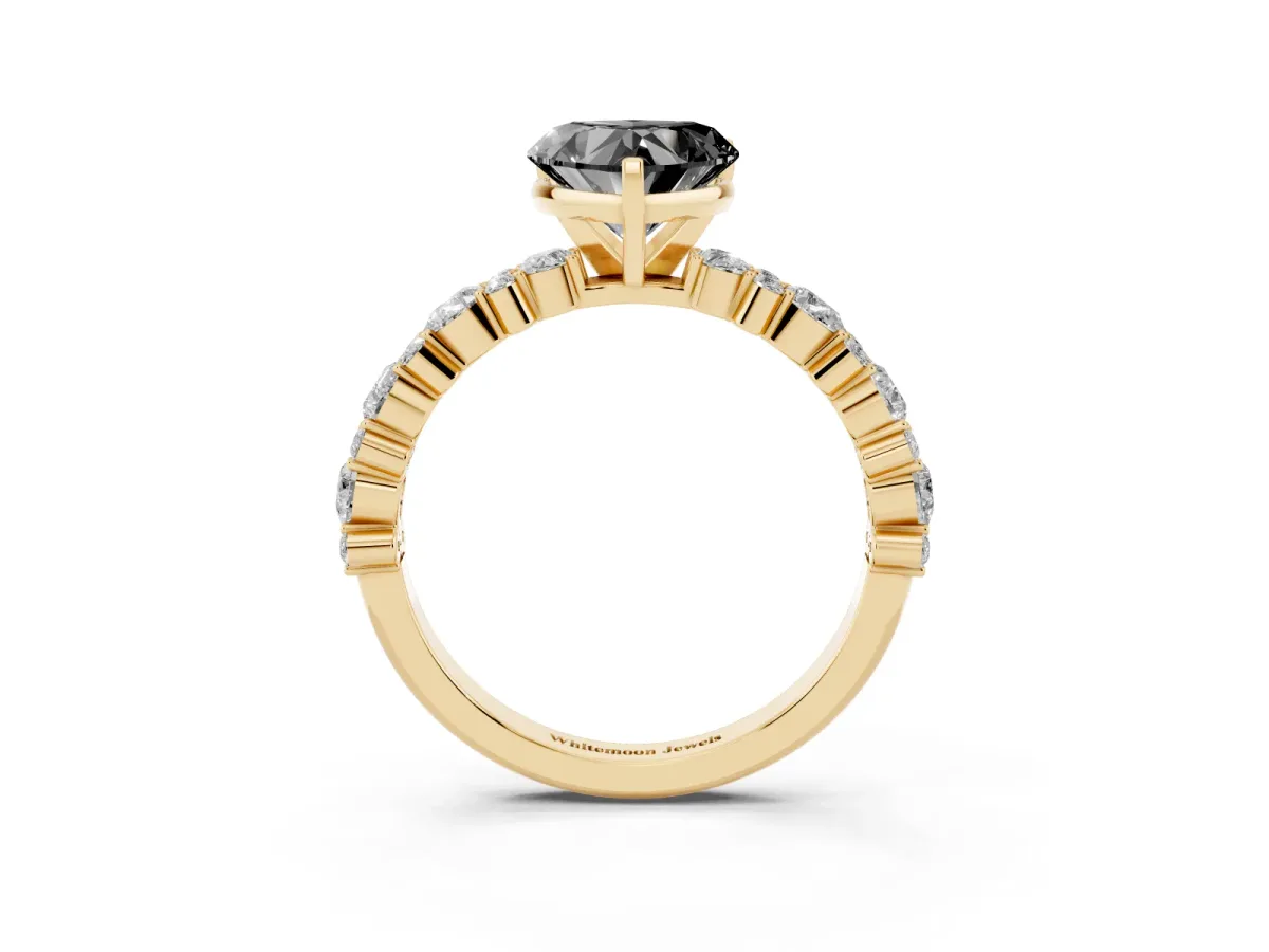 Fancy Black Heart Cut Diamond Side Stone Solitaire Ring with Round and Four-Prong Setting Yellow gold
