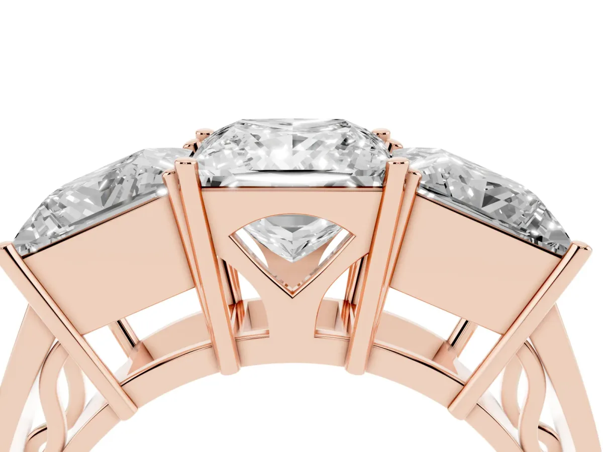 Princess Cut Diamond Three-Stone Ring with Prong Setting and Textured Band Rose gold